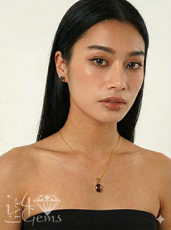 10kt Gold 9mm Smoky Quartz Pendant w Chain and Earring Set