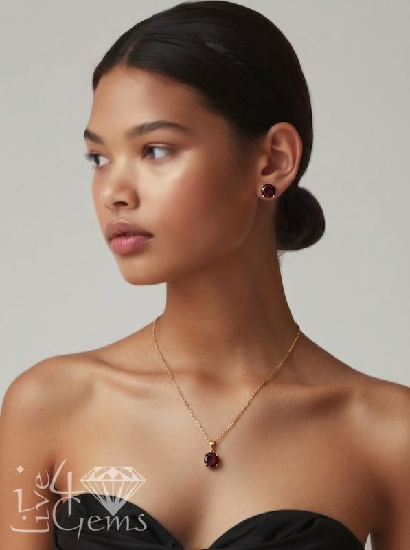 10kt Gold Garnet Pendant w Chain and 8mm Earring Set