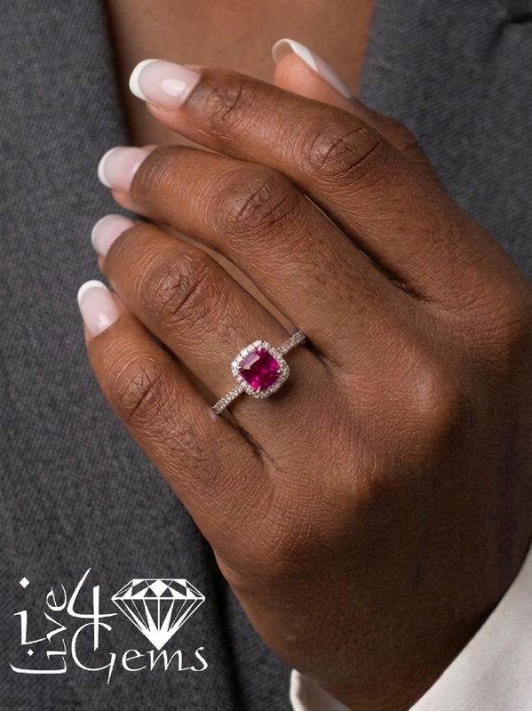 10kty Diamond 1/5ctw and Square Lab Ruby 1 1/3ct Halo Ring