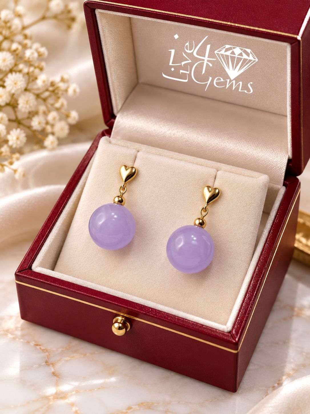 14kt 10mm Purple Jade Ball Hanging Earring