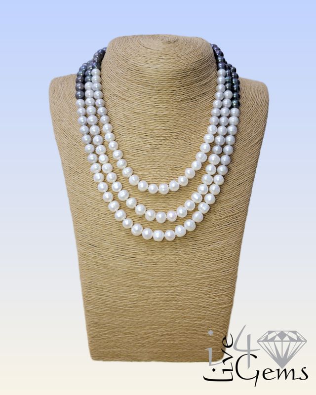 20" Triple Strand Peacock/Gray/White Pearl Necklace