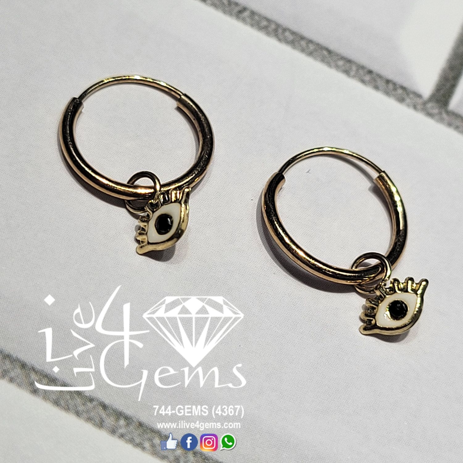 14kt Evil Eye Charm Hoop Black