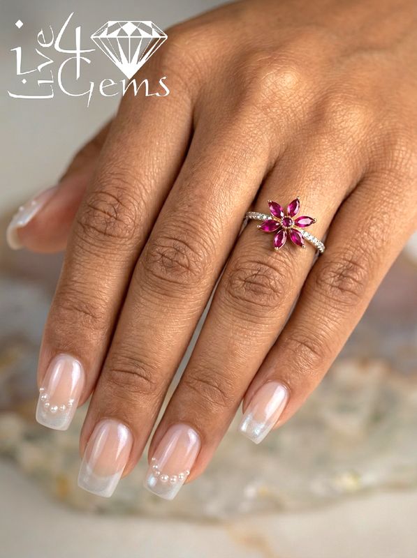 10kty Diamond 0.07ctw with Ruby Marquise Cut Flower Ring