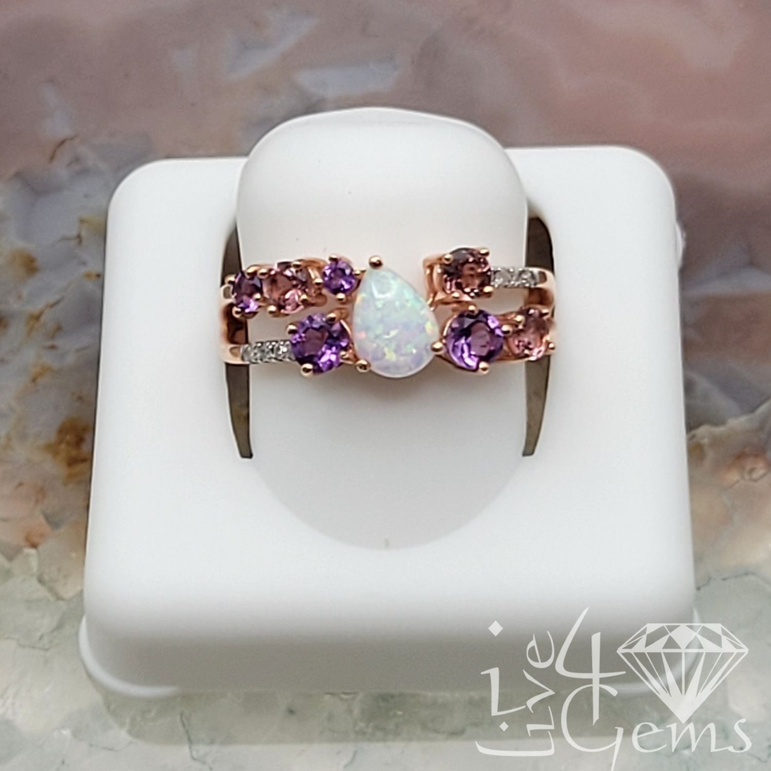 10ktr Pear Diamond, Opal, Amethyst, Pink Tourmaline Ring 0.05ctw