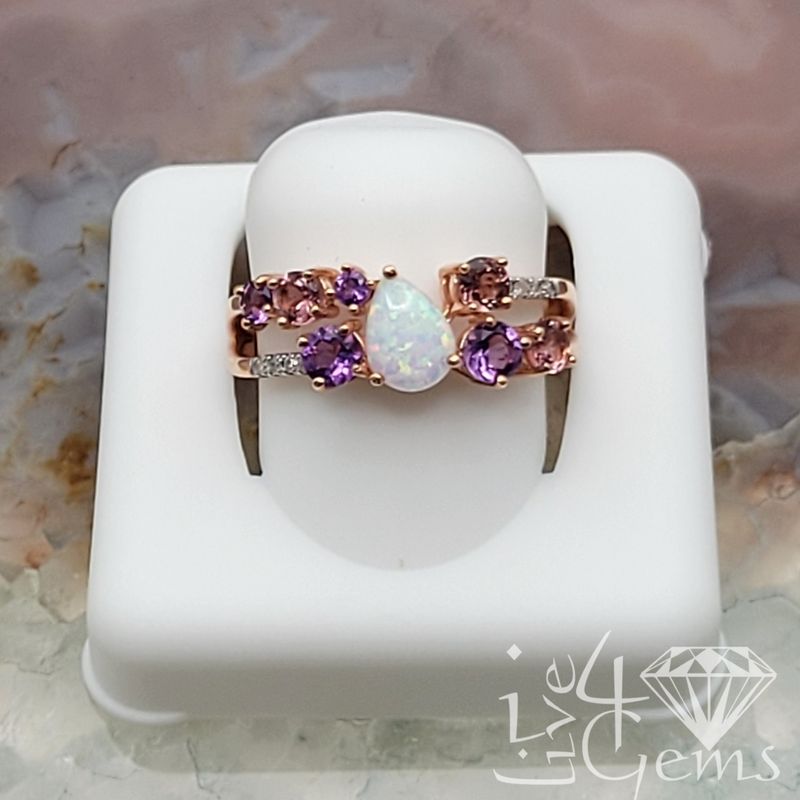 10ktr Pear Diamond, Opal, Amethyst, Pink Tourmaline Ring 0.05ctw