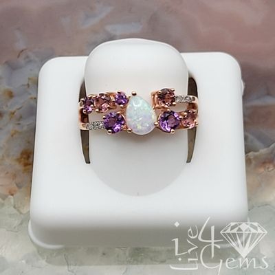 10ktr Pear Diamond, Opal, Amethyst, Pink Tourmaline Ring 0.05ctw