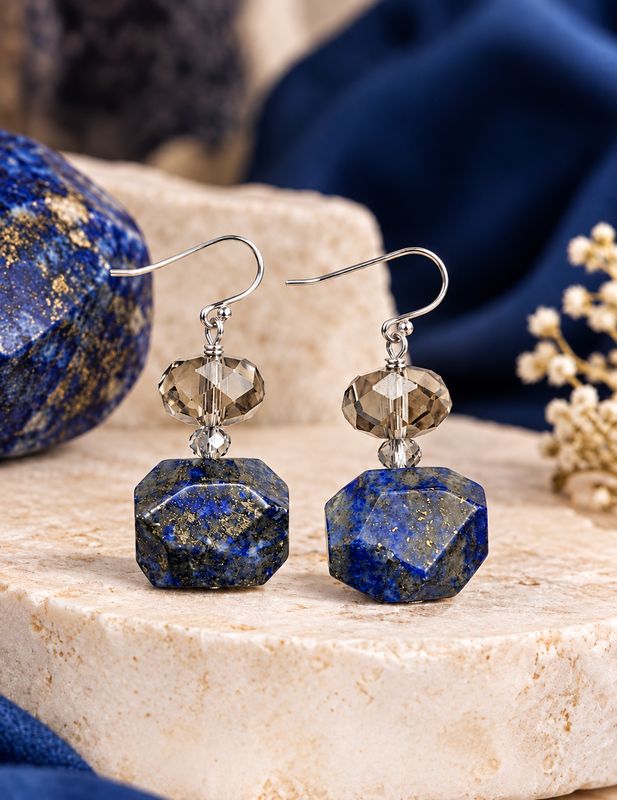 Silver Lapis Lazuli Nugget w Crystal Gemstone Earring