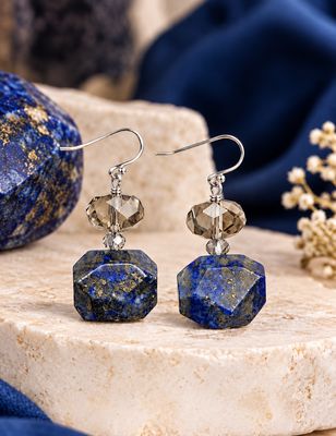 Silver Lapis Lazuli Nugget w Crystal Gemstone Earring
