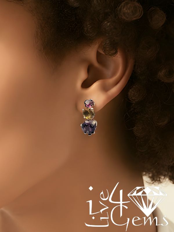 Stwrling Silver Amethyst w Citrine Triple Heart Earring
