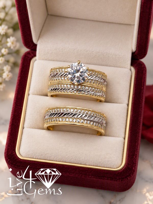 10kty Solitaire Diamond Cut Double Row His and Her CZ Set