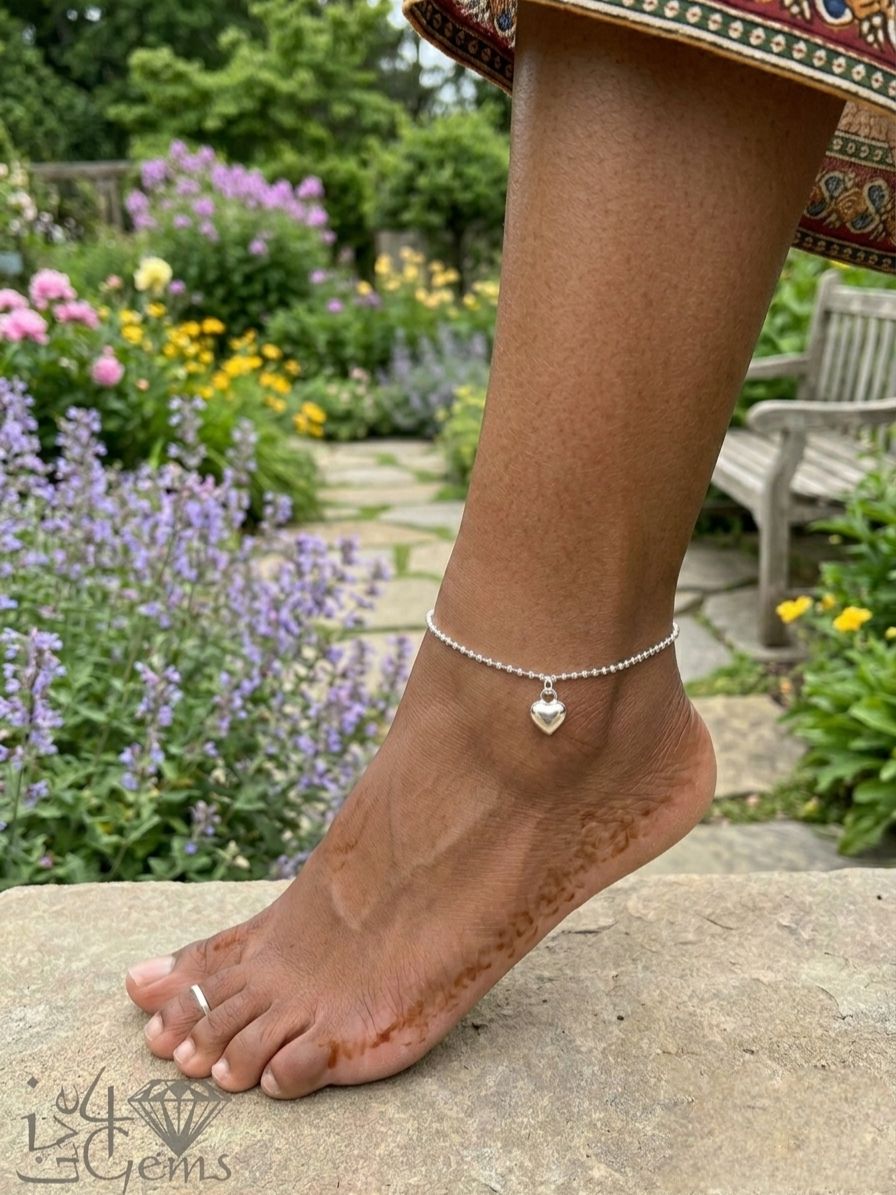 Silver Single Heart Anklet 10" Bell at end Made in Thailand