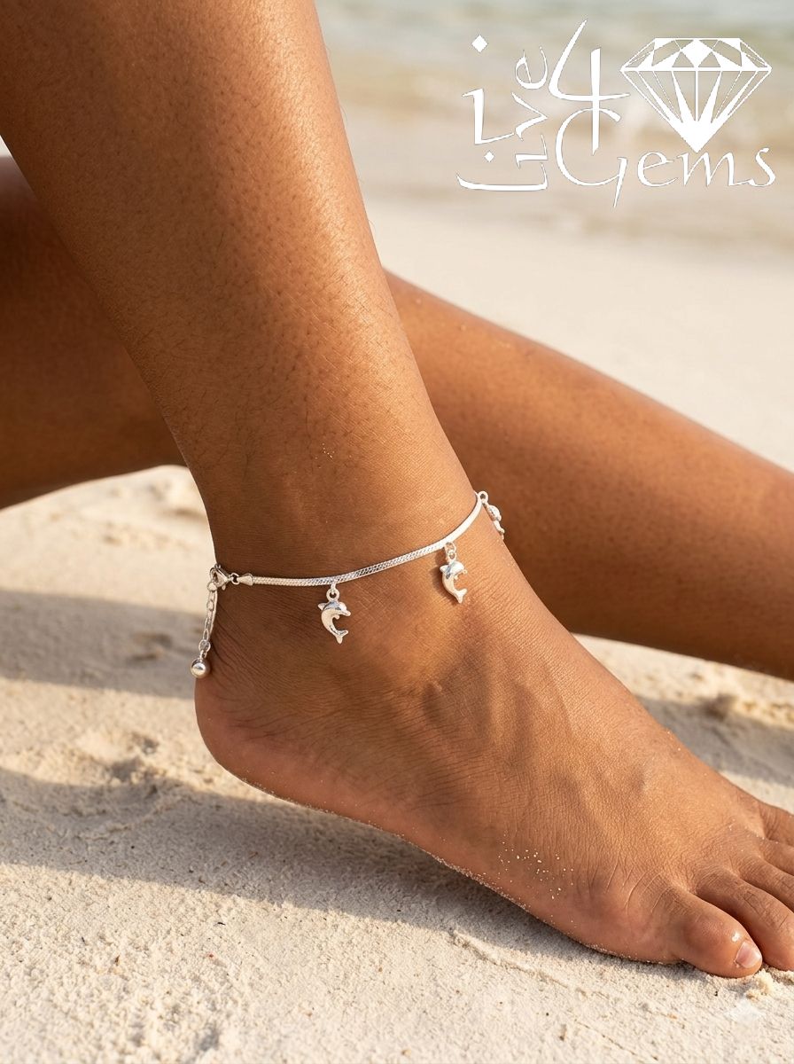 Silver Dolphin Anklet 10" Bell at end Made in Thailand