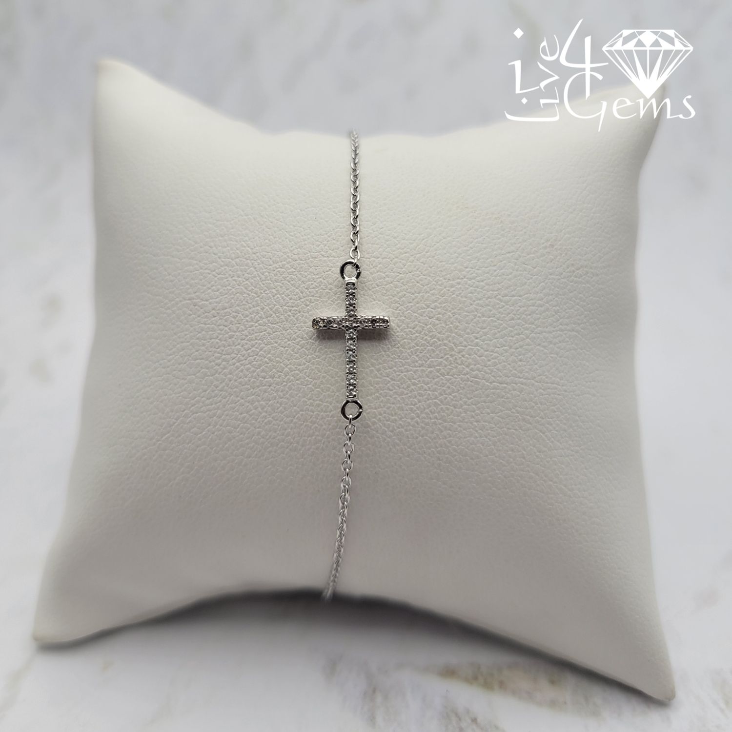 Silver CZ Slant Cross Bracelet 6.5" to 7" Adjustable