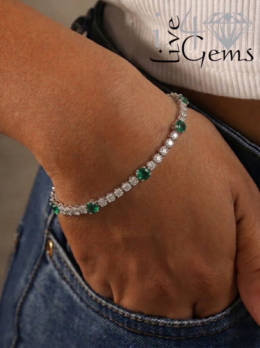 Silver 0.10ctw Diamond Lab Emerald Bracelet