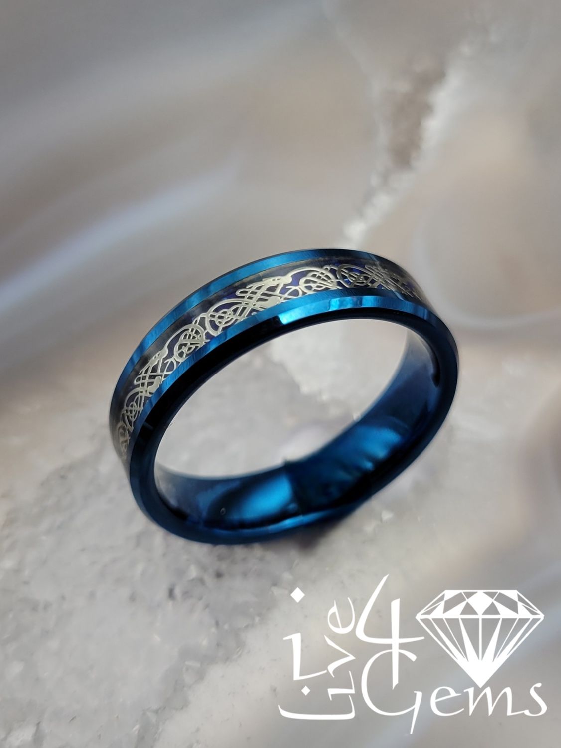 Tungsten Carbide Blue 6mm Silver Dragon Pattern Band
