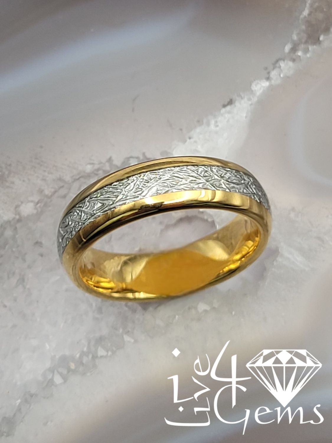 Tungsten Carbide 6mm Gold w Silver Meteorite Inlay Band