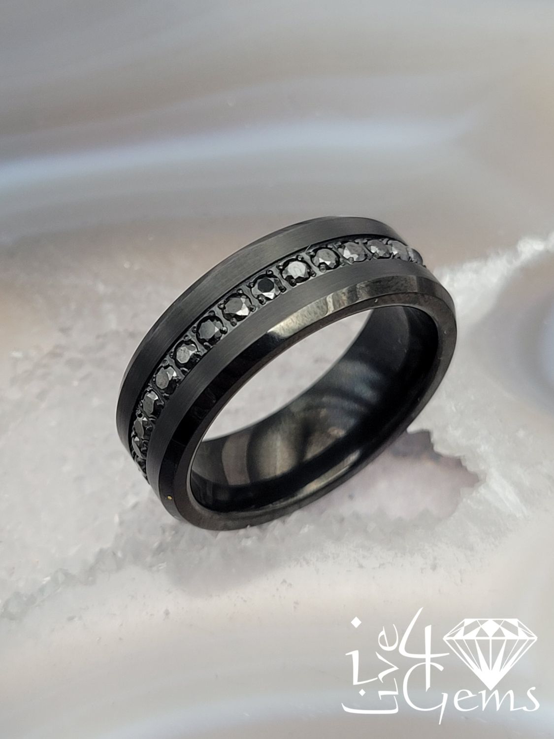 Tungsten Carbide 8mm Black Brushed Band w Black CZ, Size: 8