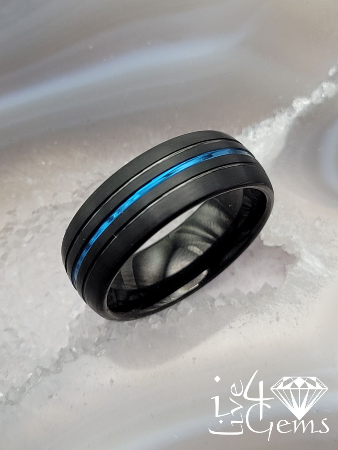Tungsten Carbide 8mm Brushed Black Blue Line Band, Size: 9