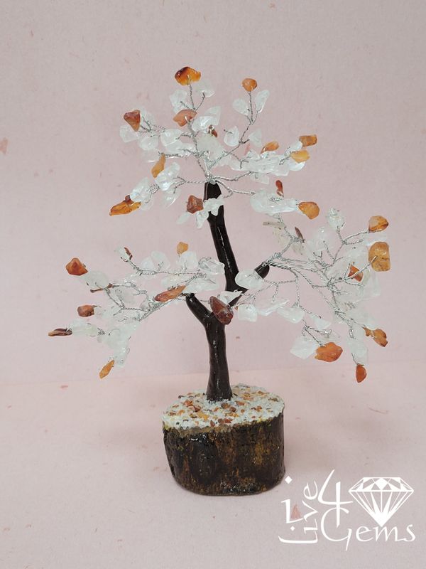 Gemstone Tree of Life Clear Quartz and Carnelian Wooden Base 7"