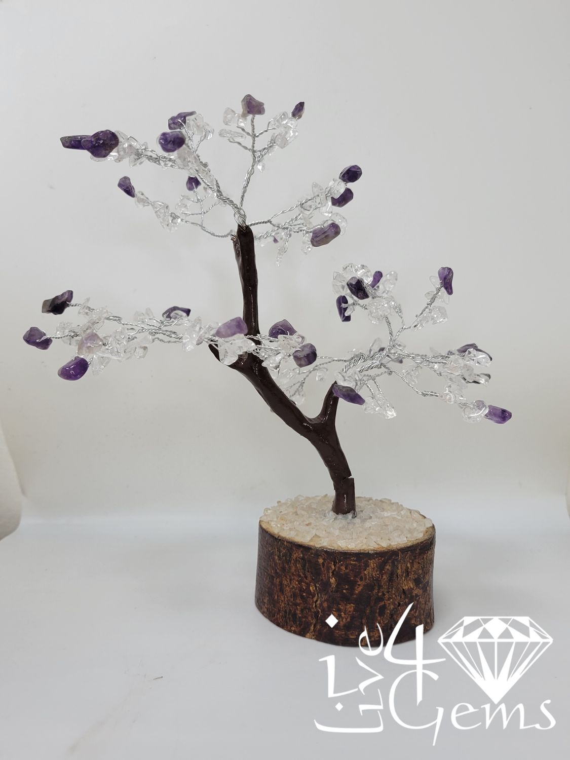 Gemstone Tree of Life Amethyst and Clear Quartz Wooden Base 7"