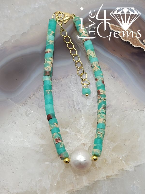 Green Snake Skin Jasper Rondelle and Cultured Pearl Anklet