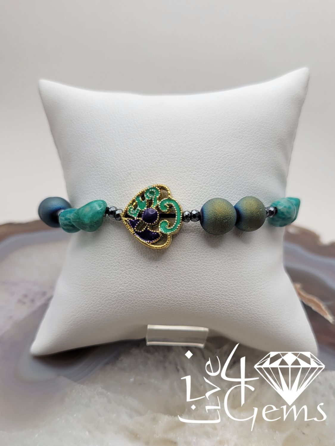 Silver GP Blue Druzy Agate and Russian Diopside Bracelet  Cloisonne Charm