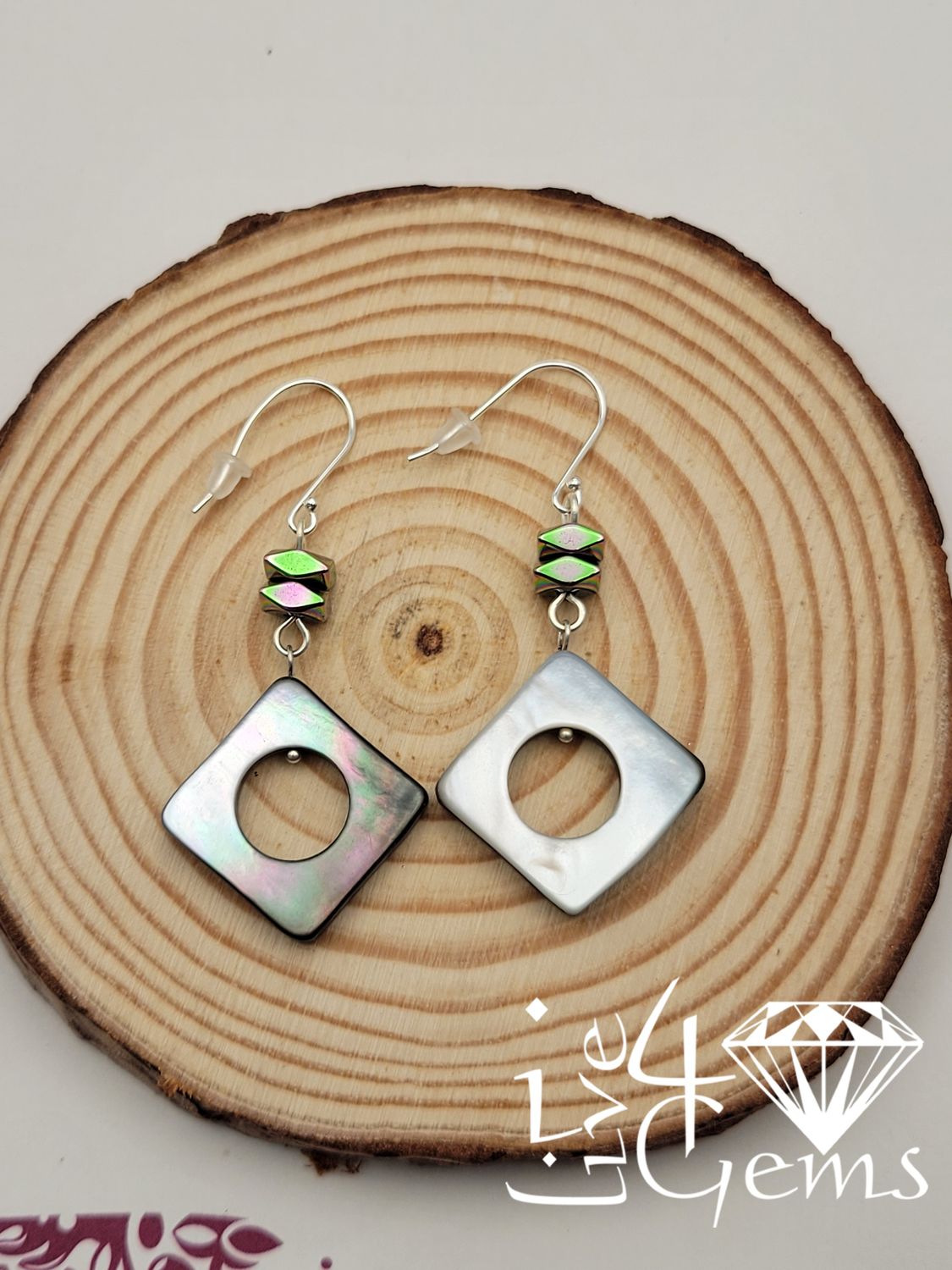 Silver Abalone Square Drop with Electroplated Agate Earrings