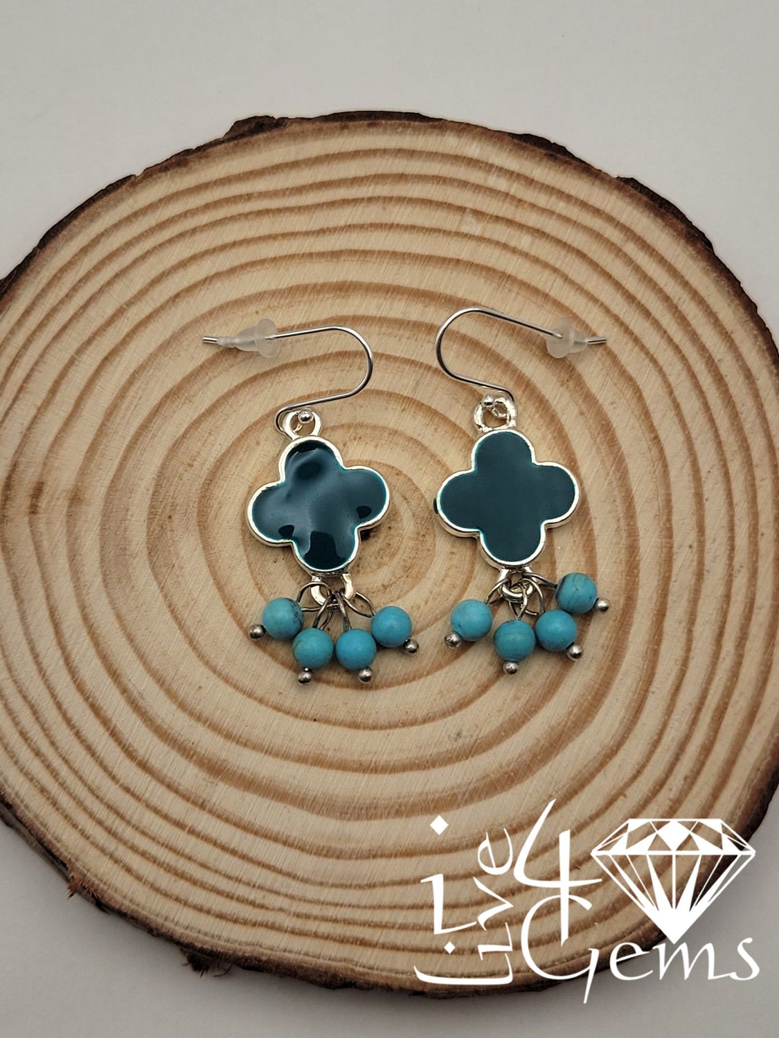 Silver Turquoise Clover Tassel Earrings