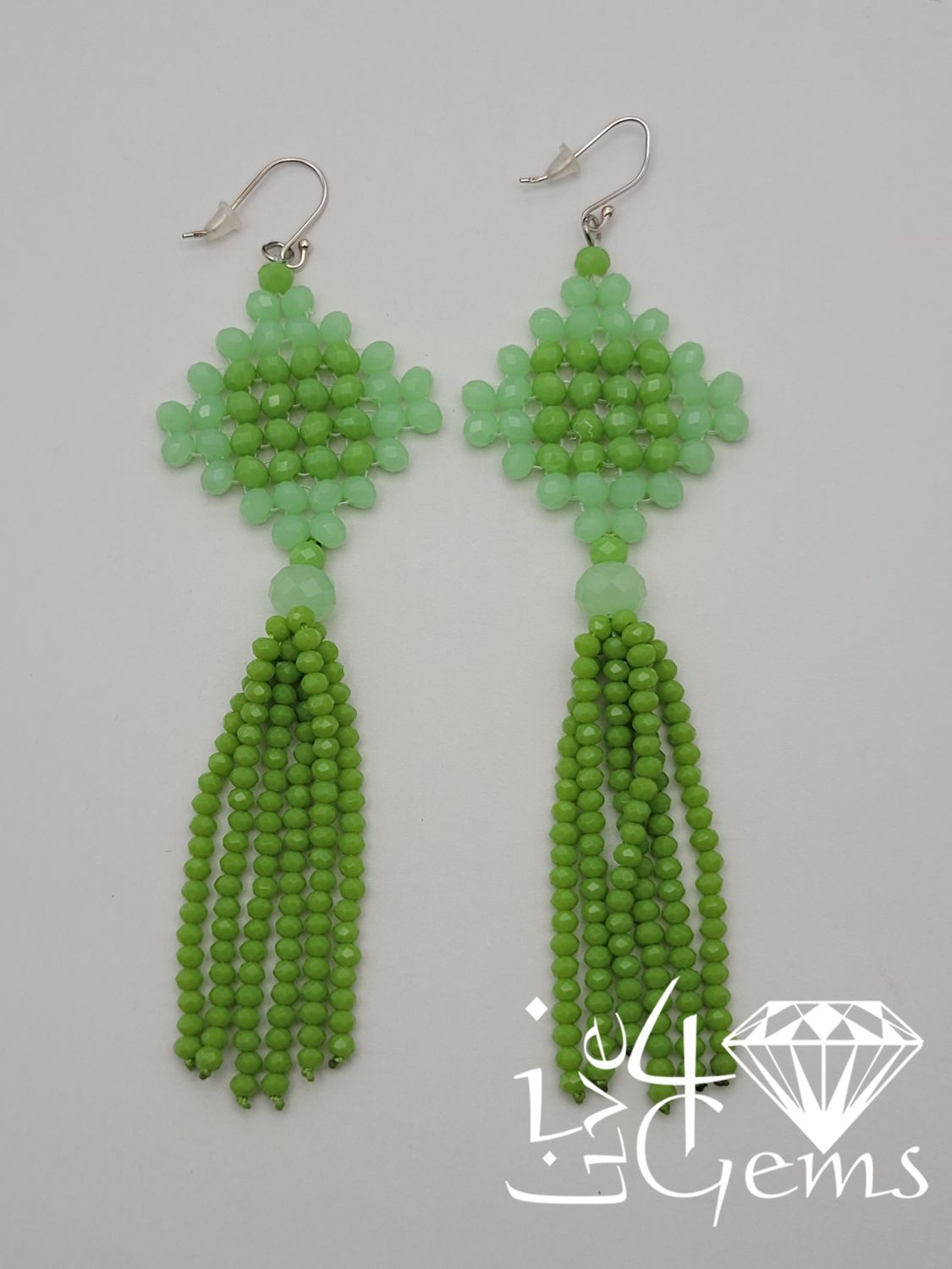 Silver Faceted Lime Green Quartz and Crystal Tassel Earrings