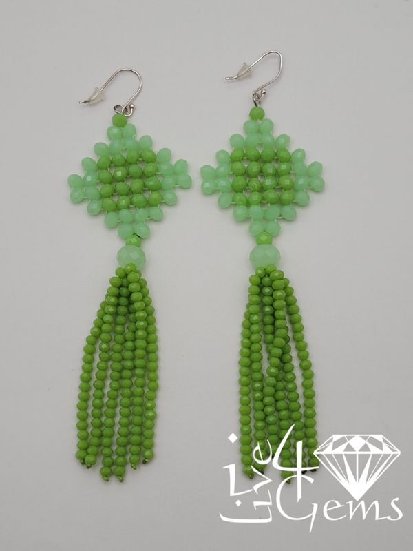 Silver Faceted Lime Green Quartz and Crystal Tassel Earrings