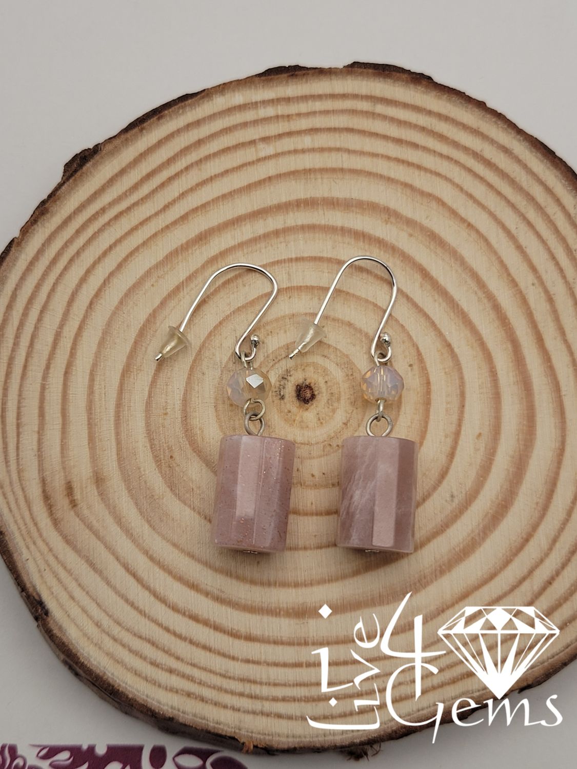 Silver Pink Moonstone Cylinder and Crystal Earrings