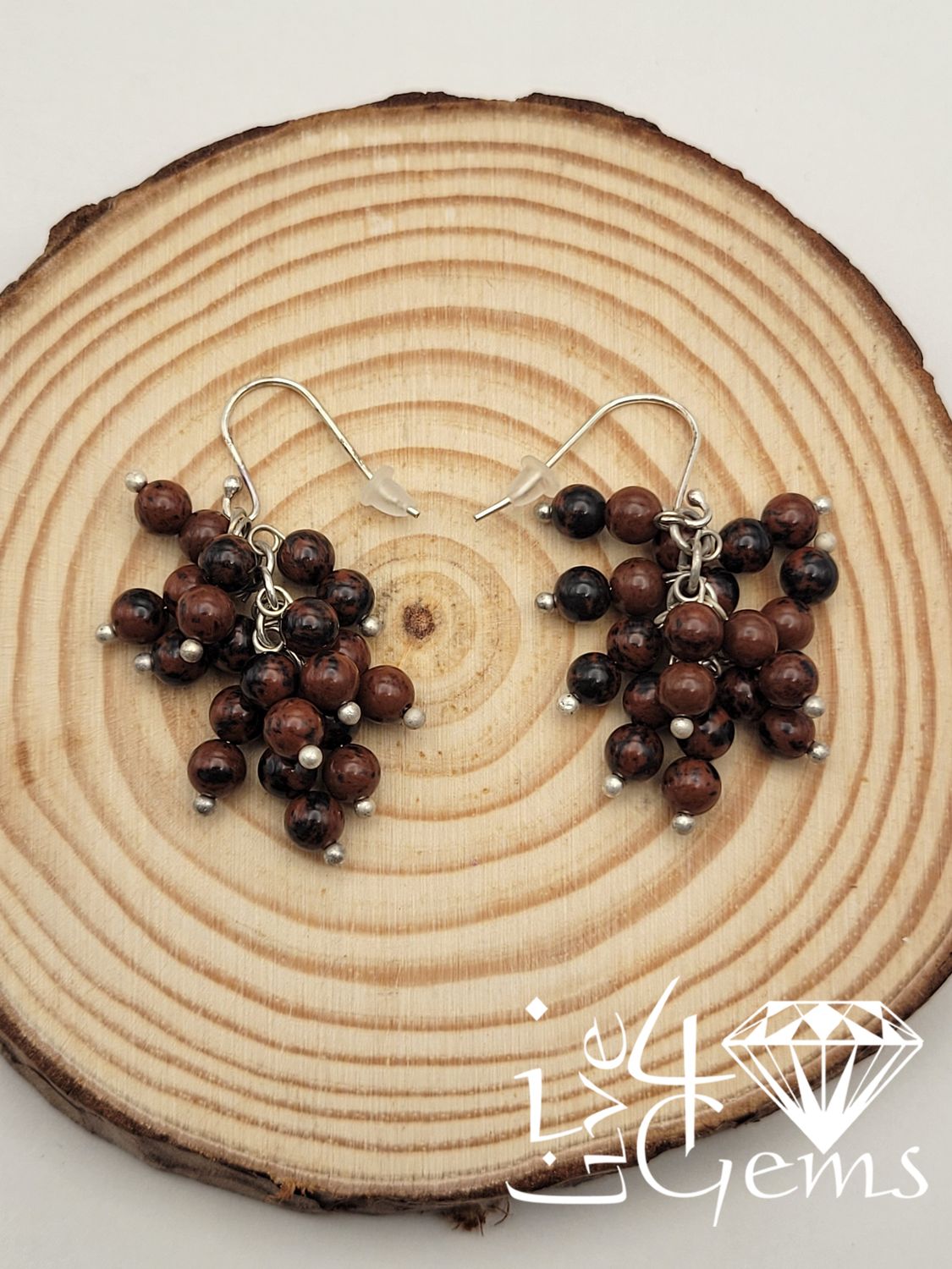 Silver Round Mahogany Obsidian Cluster Earrings