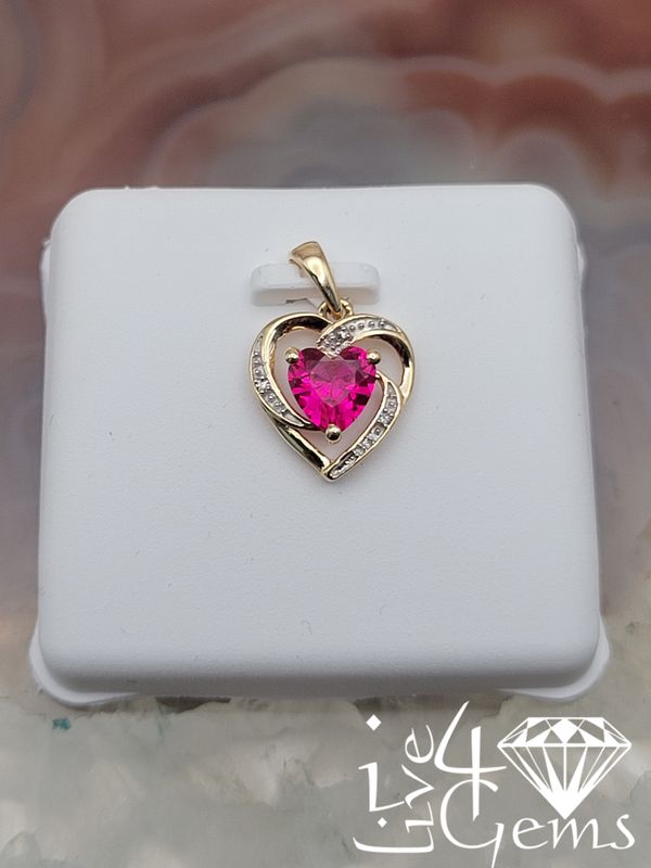 10kty 1/12ctw Diamond 1ctw Lab Pink Sapphire Heart Pendant