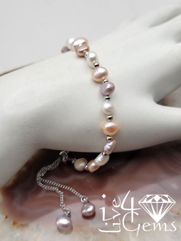 Silver Tri-Color Pearl Bolo Bracelet