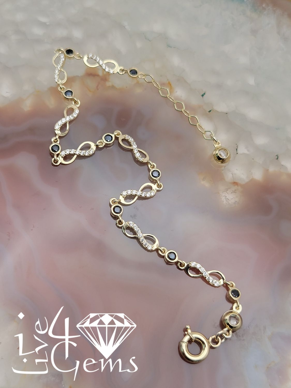 10kty Turkish Gold Infinity Black Cz Link Bracelet 8"