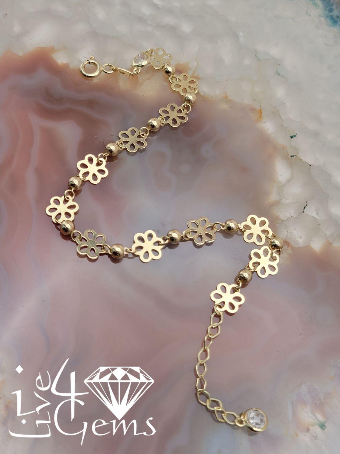 10kty Turkish Gold Daisy Flower Bracelet 8"