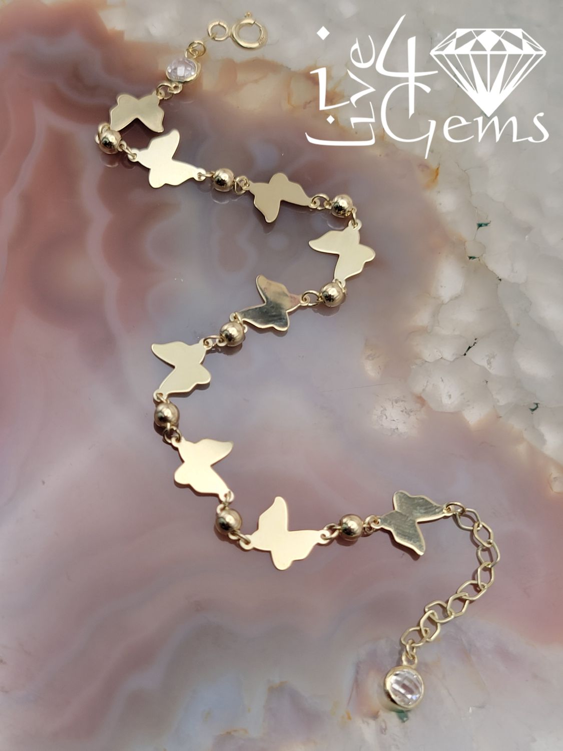 10kty Turkish Gold Butterfly Charm Ball Link Bracelet 8"