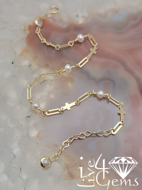 10kty Turkish Gold Cross and Pearl Bracelet 8"