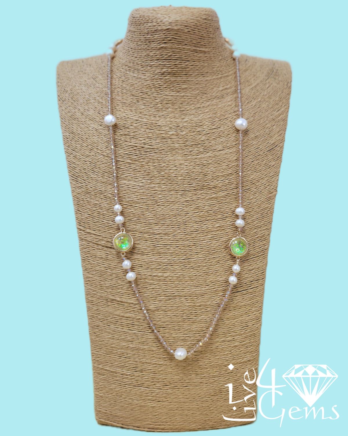40" Pearl, Kyocera Opal and Crystal Long Gemstone Necklace