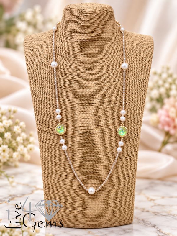 40" Pearl, Kyocera Opal and Crystal Long Gemstone Necklace