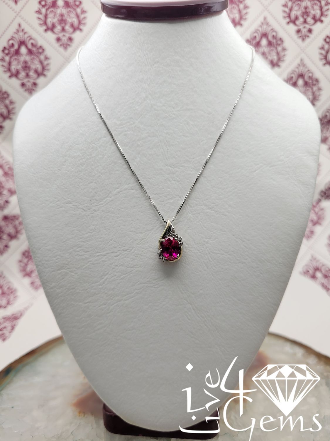 Silver Chain Two Toned Silver and 10kt Lab Ruby and Diamond Pendant