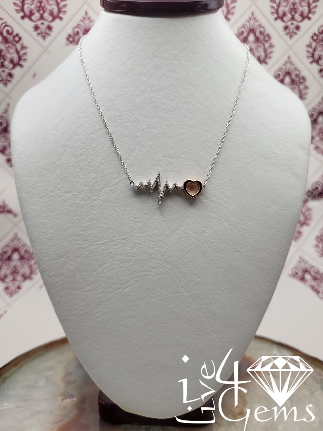 Silver 0.11ctw Diamond Heartbeat Rose Gold Heart Pendant and Chain