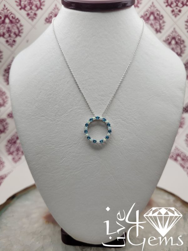 Silver Lab Opal and Lab Blue Topaz Round Pendant and Chain