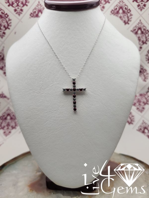 Silver Lab White Sapphire and Lab Ruby Cross Pendant and Chain
