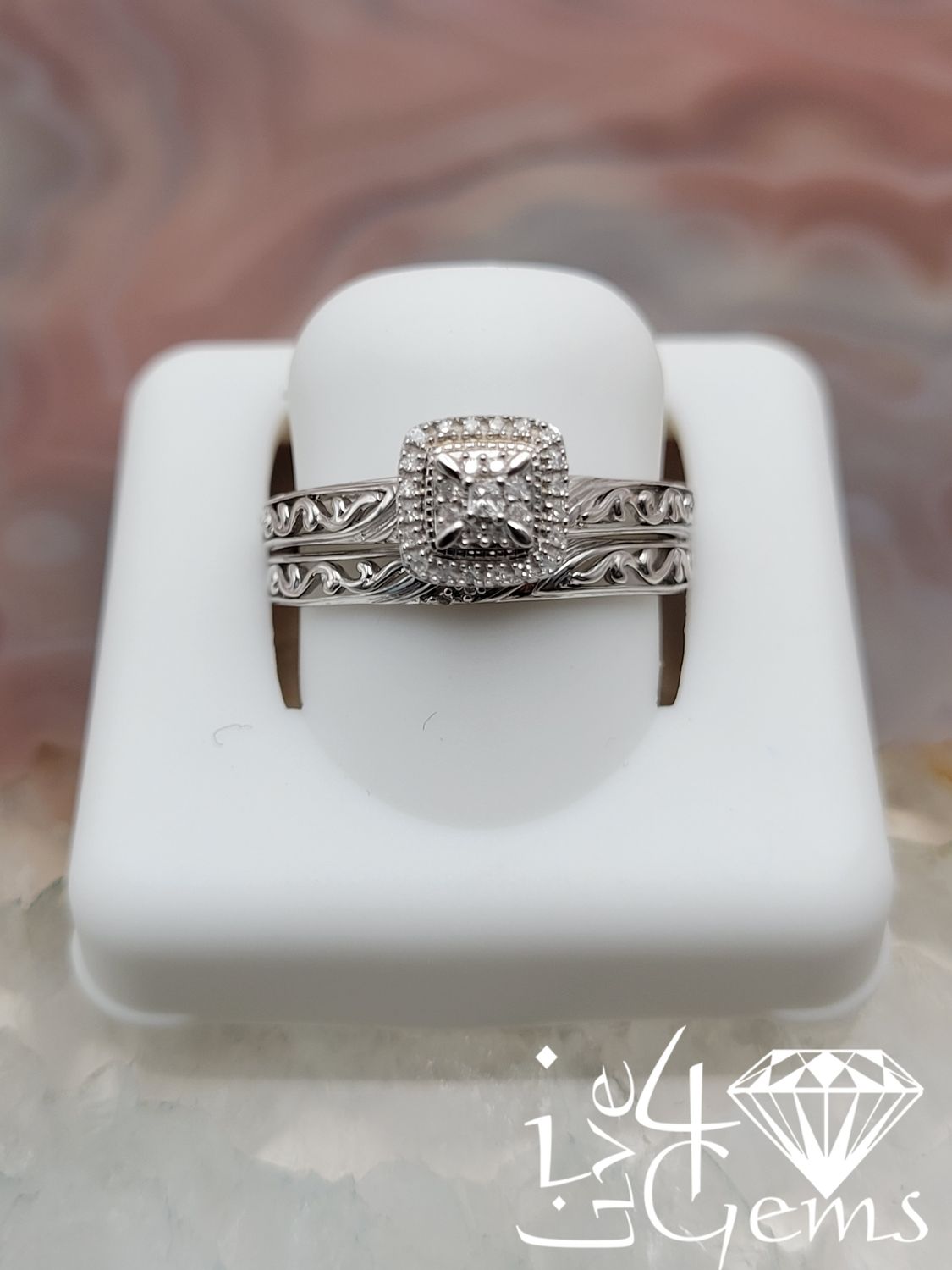 Silver 0.15ctw Diamond Princess Cut Halo His and Her Set