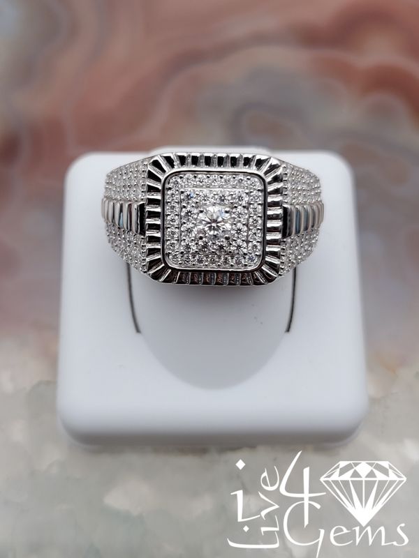 Silver Moissanite 2ctw Square Pattern Men's Ring S10