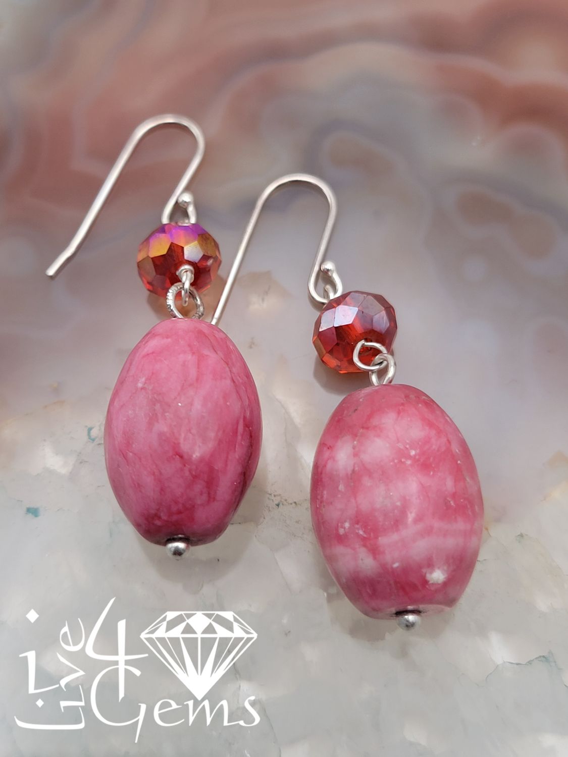 Silver Rhodochrosite and Faceted Crystal Drop Earring