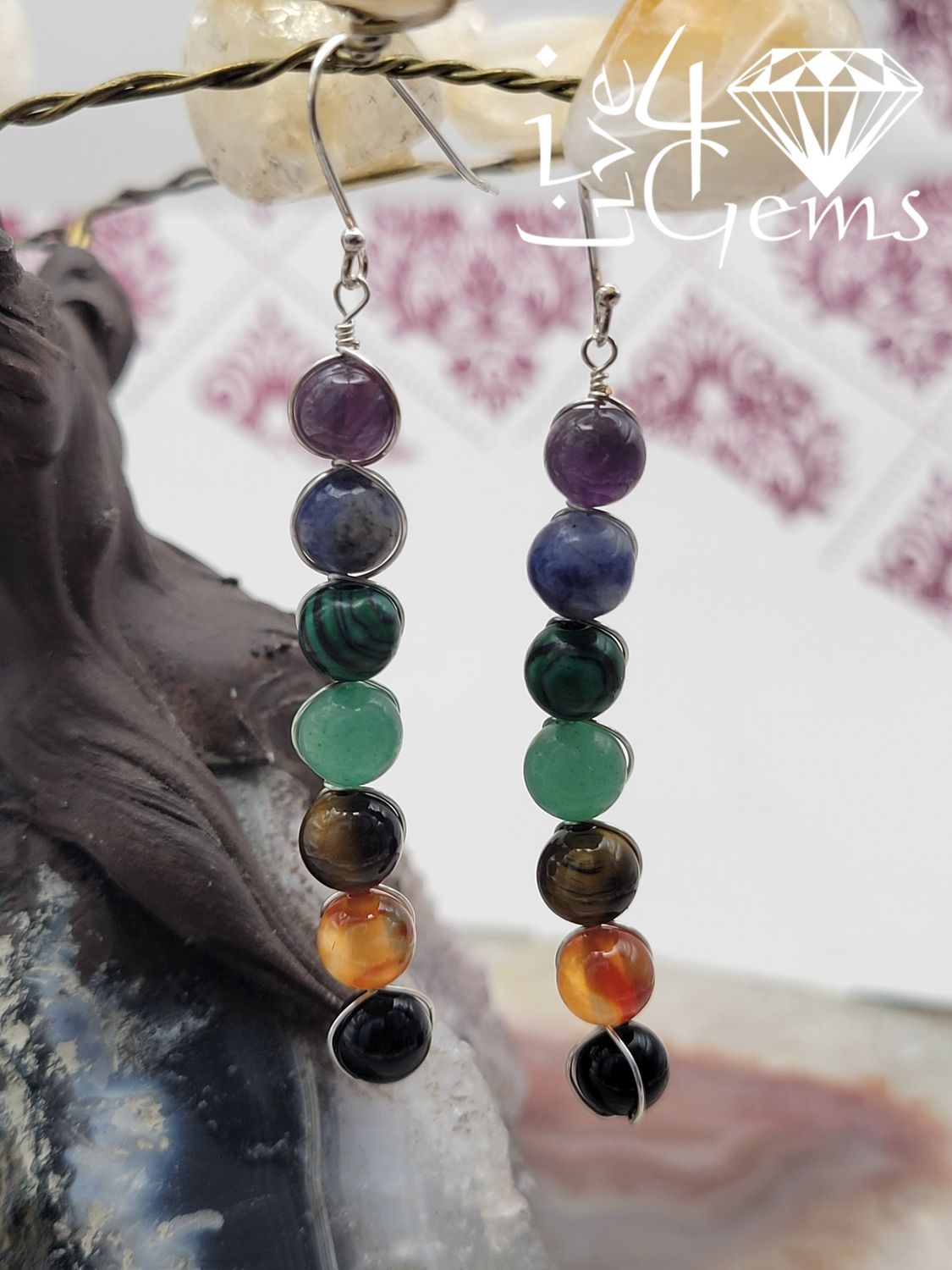 7 Chakra Gemstone Earring Malachite, Amethyst, Sodalite, Onyx, Carnelian, Aventurine, Tiger's Eye