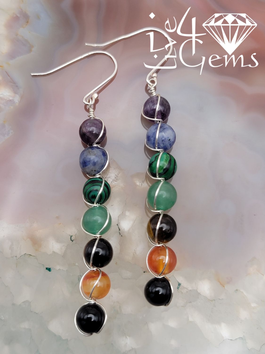 7 Chakra Gemstone Earring Malachite, Amethyst, Sodalite, Onyx, Carnelian, Aventurine, Tiger's Eye