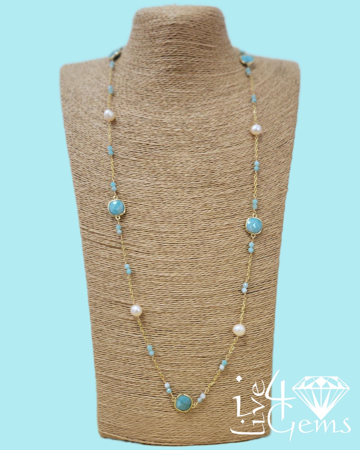 Amazonite and Cultured Pearl Station Necklace